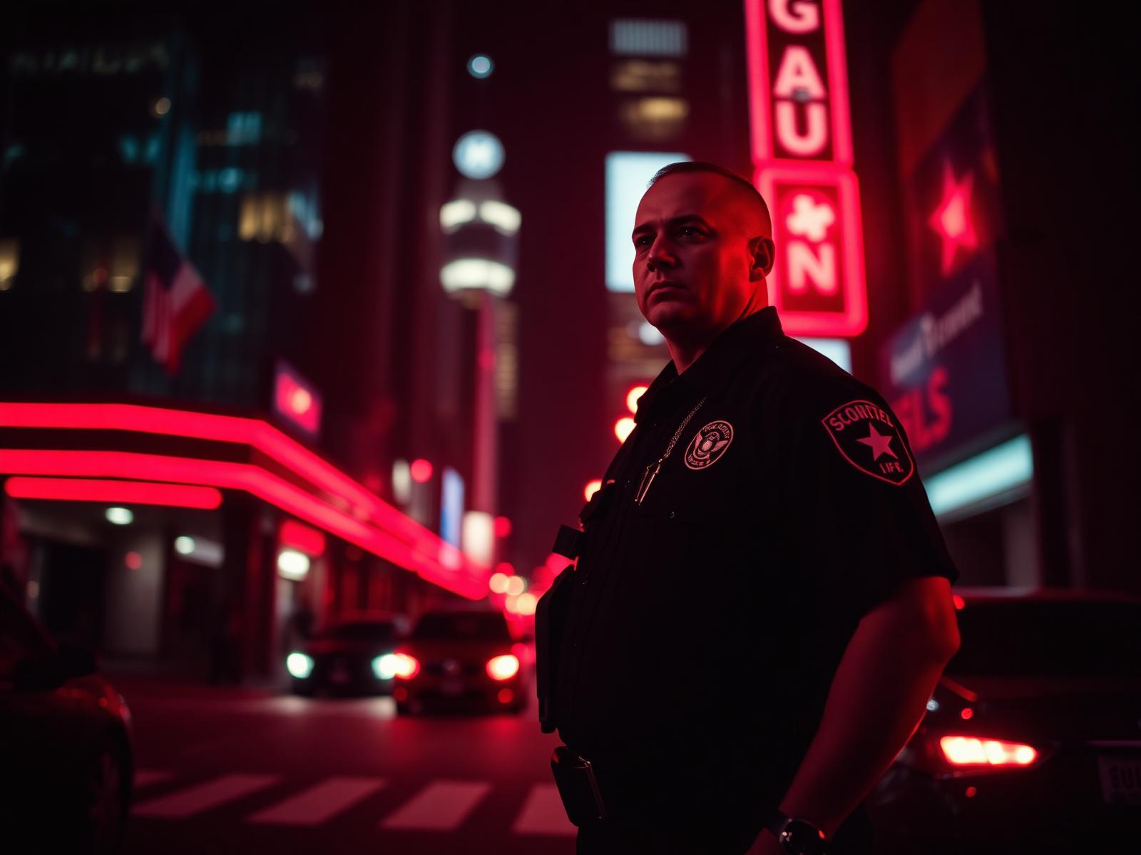 Security guard on duty at night in downtown Los Angeles